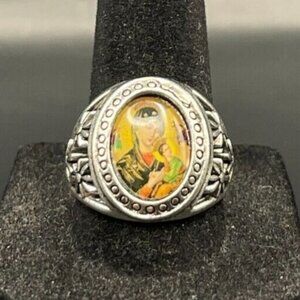 Vintage Antique Estate Silver Tone Virgin Mary Ring - Size 8.5